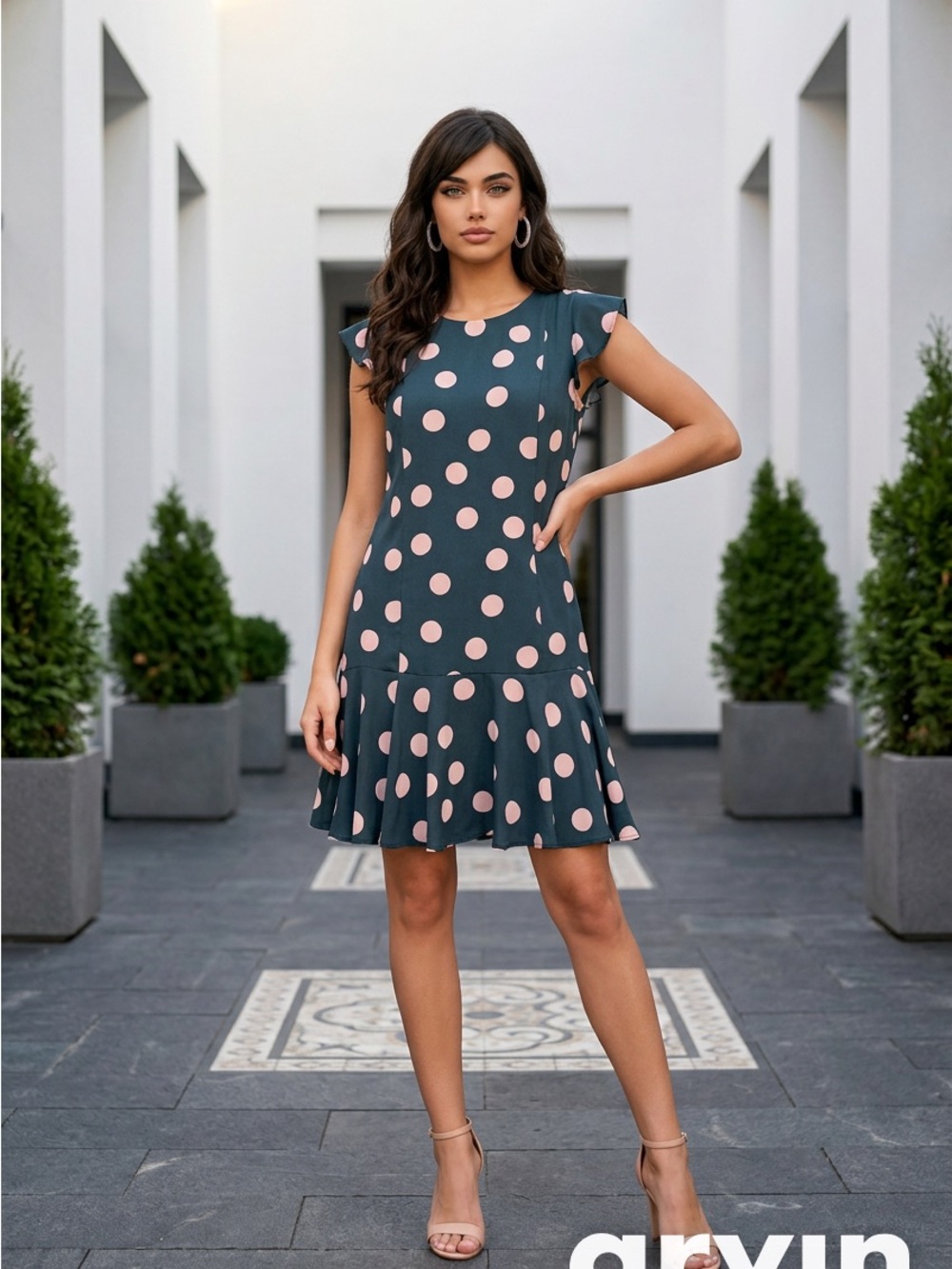LOFT Gray Dress with Blush Polka Dots